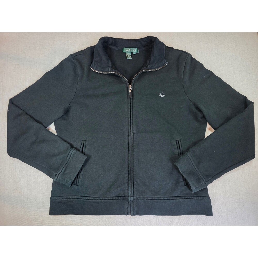 Lauren Ralph Lauren Women’s L Black Full Zip Cotton Jacket LRL Monogram Logo